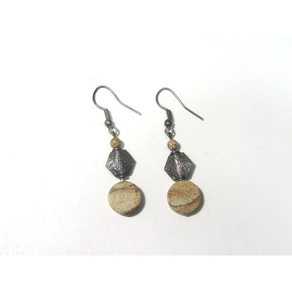 Brown Bead Silver Tone Earrings Boho Cottagecore 1 3/4" Retro Dangly Whimsigoth - Picture 1 of 3